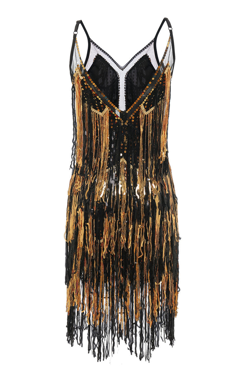 Queendancer Women Gatsby Dress Spaghetti Straps Black Golden Fringes 1920s  Dress with Sequins  queendanceruk