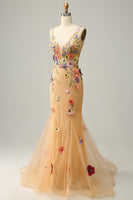 Load image into Gallery viewer, Deep V-Neck Champagne Long Prom Dress with Appliques