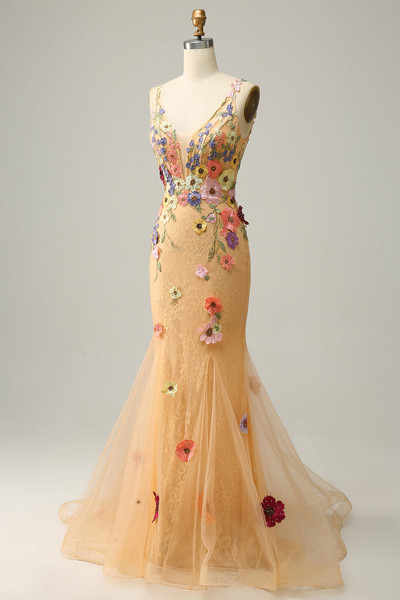 Load image into Gallery viewer, Deep V-Neck Champagne Long Prom Dress with Appliques