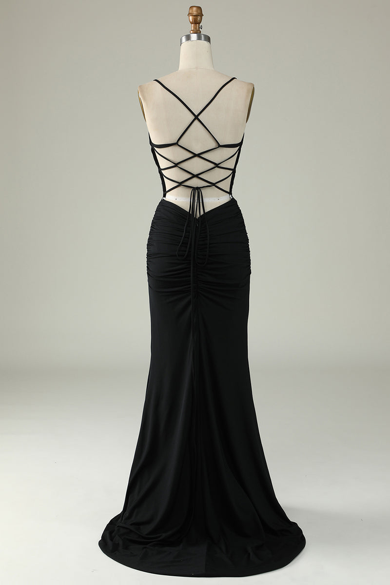 Load image into Gallery viewer, Mermaid Lace-Up Back Black Long Prom Dress