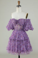 Load image into Gallery viewer, Off the Shoulder Short Prom Dress with Floral Print