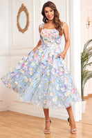 Load image into Gallery viewer, A Line Spaghetti Straps Purple Tea Length Prom Dress with 3D Flowers