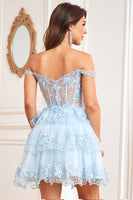Load image into Gallery viewer, Cute A Line Dark Blue Corset Tiered Short Prom Dress with Lace
