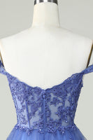 Load image into Gallery viewer, Cute A Line Dark Blue Corset Tiered Short Prom Dress with Lace