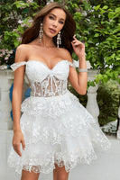 Load image into Gallery viewer, Cute A Line Dark Blue Corset Tiered Short Prom Dress with Lace