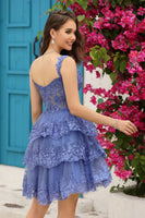 Load image into Gallery viewer, A Line Off the Shoulder Blue Corset Homecoming Dress with Lace