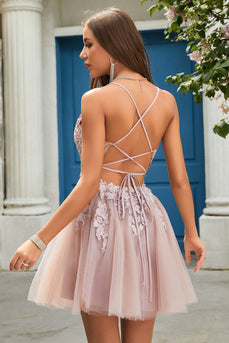 A Line Spaghetti Straps Blush Short Prom Dress with Criss Cross Back