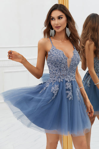 A Line Spaghetti Straps Grey Blue Short Prom Dress with Appliques