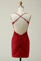 Load image into Gallery viewer, Sparkly Sheath Spaghetti Straps Dark Green Short Prom Dress with Appliques
