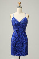 Load image into Gallery viewer, Sheath Spaghetti Straps Fuchsia Sequins Short Homecoming Dress