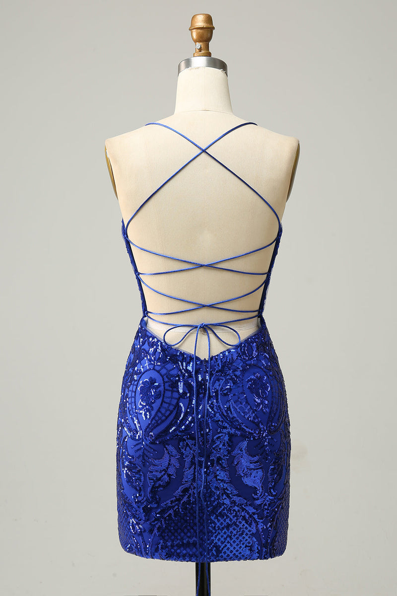 Load image into Gallery viewer, Sheath Spaghetti Straps Fuchsia Sequins Short Homecoming Dress