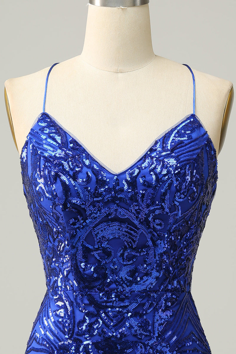 Load image into Gallery viewer, Sheath Spaghetti Straps Fuchsia Sequins Short Homecoming Dress