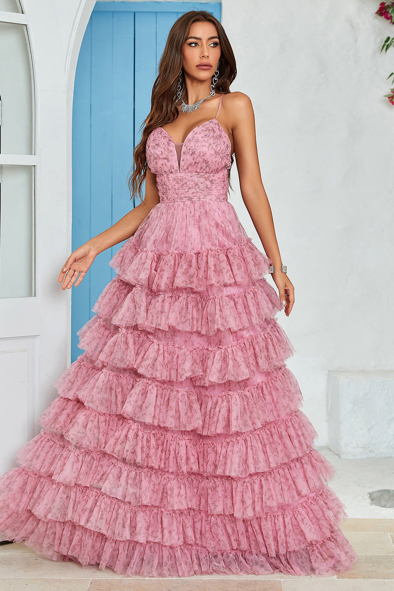 Load image into Gallery viewer, Spaghetti Straps Layered Tulle Prom Dress with Floral Printed