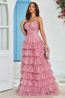 Load image into Gallery viewer, Spaghetti Straps Layered Tulle Prom Dress with Floral Printed