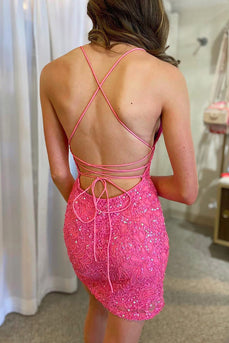 Glitter Pink Beaded Tight Sequins Short Party Dress