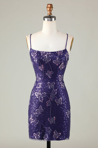 Glitter Purple Beaded Sequins Tight Short Butterflies Party Dress