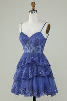 Load image into Gallery viewer, Cute A Line Spaghetti Straps Dark Blue Sparkly Corset Party Dress