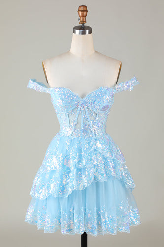 Glitter Blue Asymmetrical A-Line Short Lace Party Dress