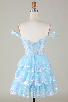Glitter Blue Asymmetrical A-Line Short Lace Party Dress