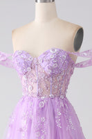 Load image into Gallery viewer, Lilac A-Line Off The Shoulder Beaded Corset Prom Dress
