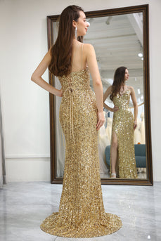 Glitter Golden Mermaid Backless Long Prom Dress With Slit