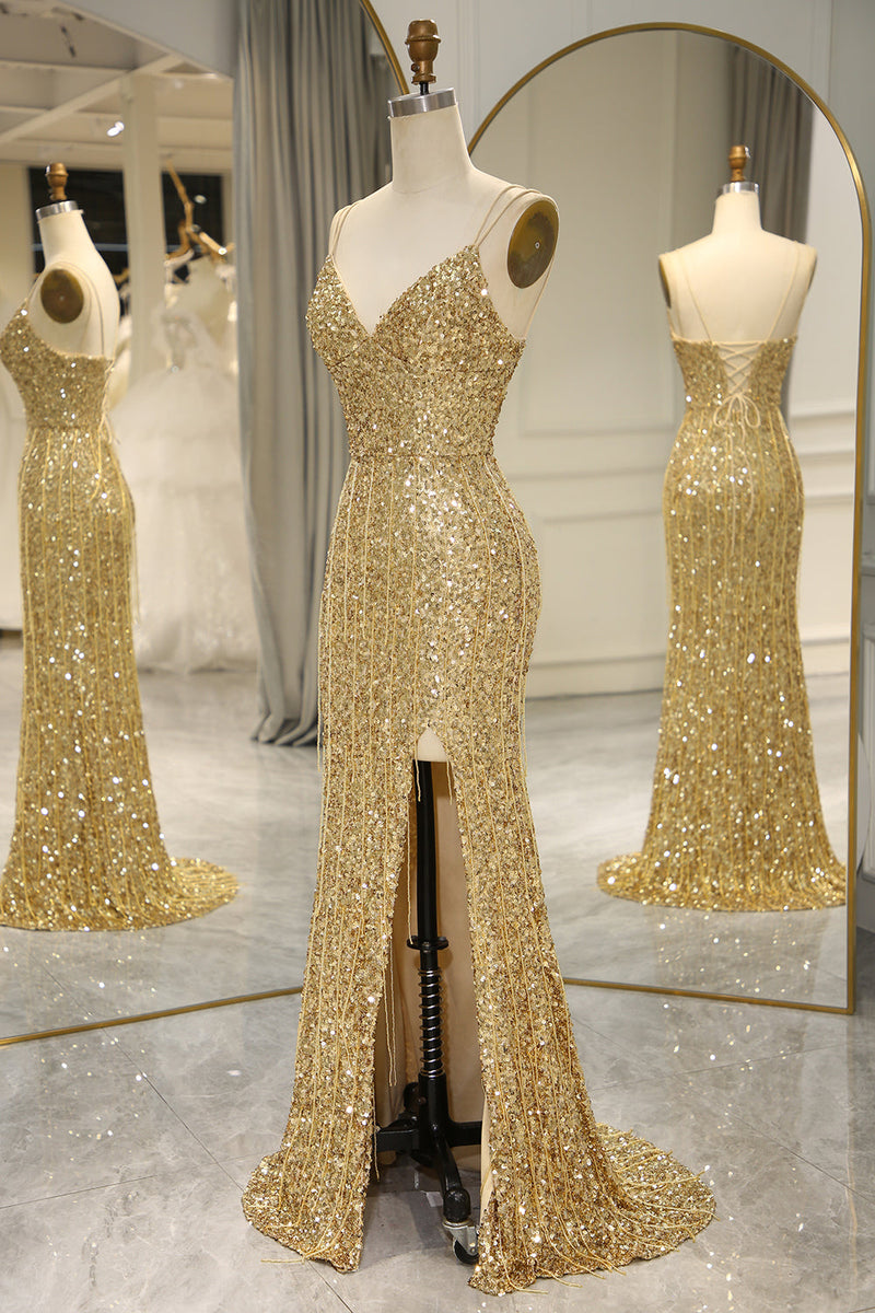 Load image into Gallery viewer, Sparkly Golden Mermaid Backless Long Prom Dress With Slit