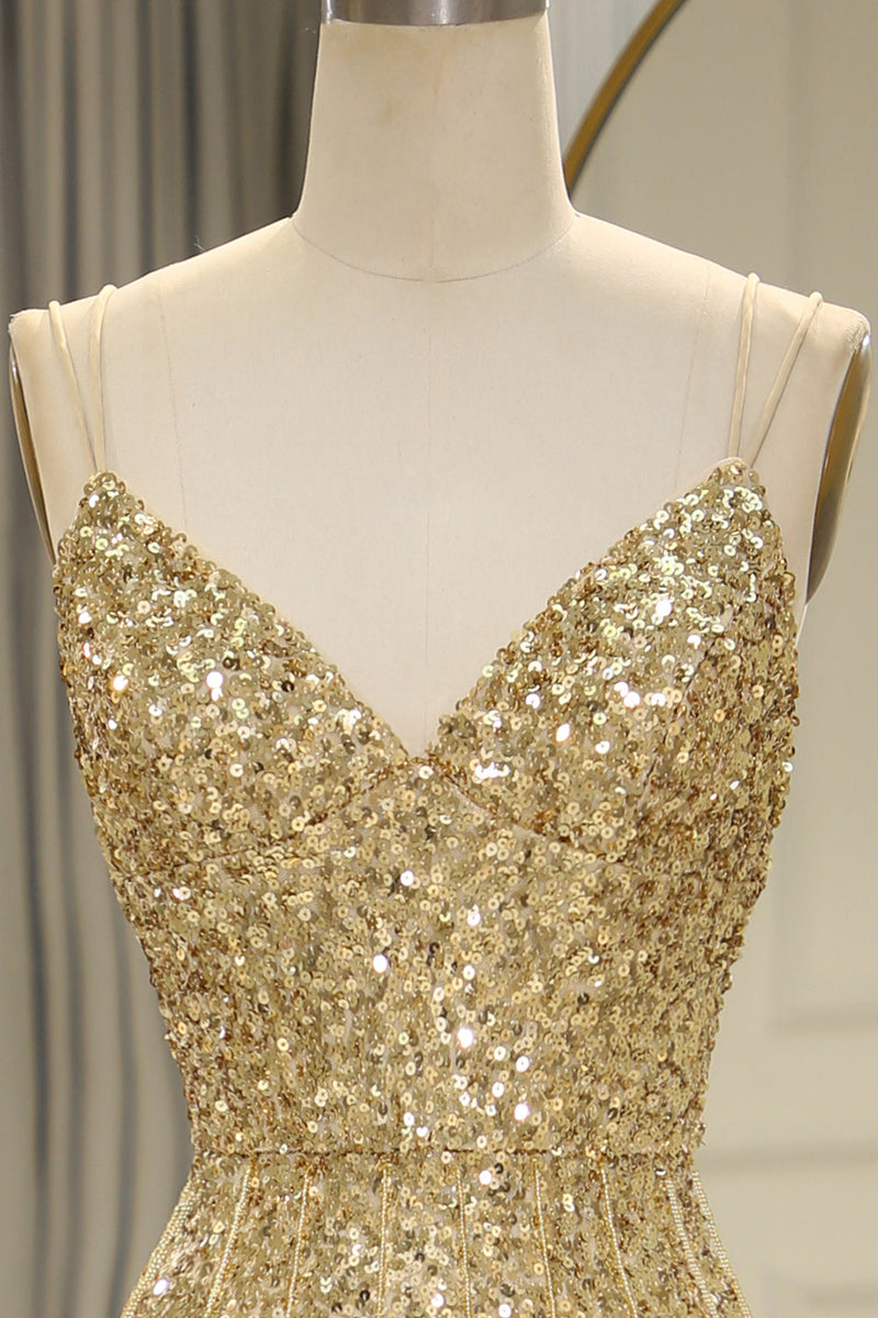 Load image into Gallery viewer, Sparkly Golden Mermaid Backless Long Prom Dress With Slit