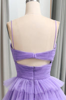 Load image into Gallery viewer, Purple Tulle A Line Tiered Long Prom Dress With Front Slit
