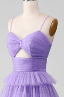 Load image into Gallery viewer, Purple Tulle A-Line Tiered Long Prom Dress with Slit