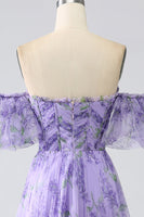 Load image into Gallery viewer, Printed Lavender Off the Shoulder A line Prom Dress with Removable Sleeves