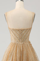 Load image into Gallery viewer, Glitter Golden Corset Long Prom Dress with Flowers