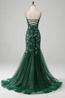 Load image into Gallery viewer, Mermaid Lace-Up Back Dark Green Prom Dress with Appliques