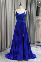 Load image into Gallery viewer, Glitter Royal Blue A Line Long Mirror Prom Dress With Slit