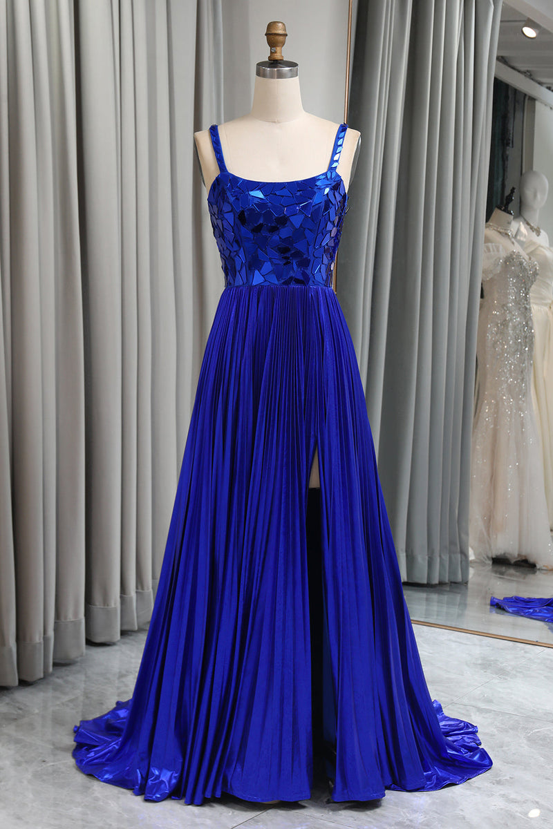 Load image into Gallery viewer, Glitter Royal Blue A Line Long Mirror Prom Dress With Slit