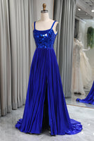 Load image into Gallery viewer, Glitter Royal Blue A Line Long Mirror Prom Dress With Slit