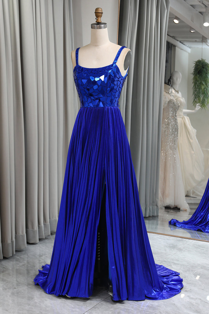 Load image into Gallery viewer, Glitter Royal Blue A Line Long Mirror Prom Dress With Slit