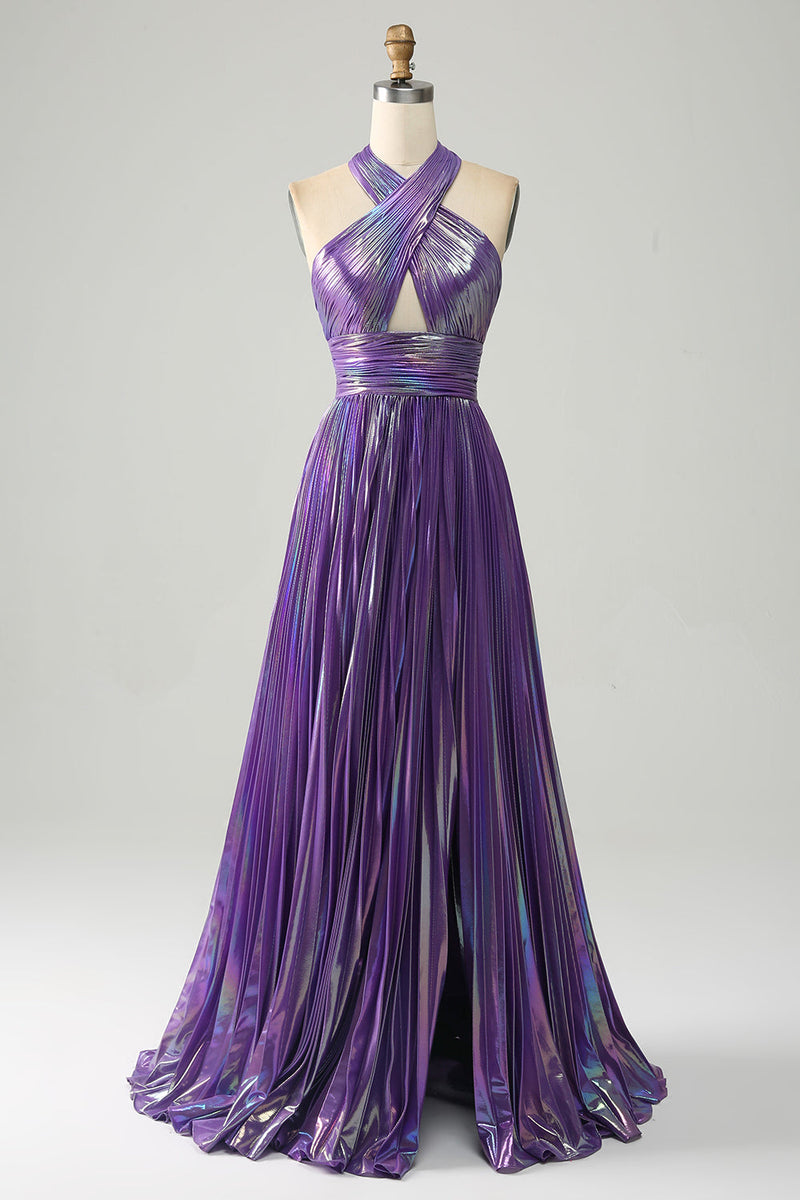 Load image into Gallery viewer, Sparkly Purple Halter A Line Prom Dress with Pleated