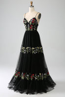 Load image into Gallery viewer, Black A-Line Spaghetti Straps Embroidered Long Corset Prom Dress