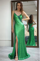 Load image into Gallery viewer, Sparkly Dark Green Mermaid Long Prom Dress With Slit