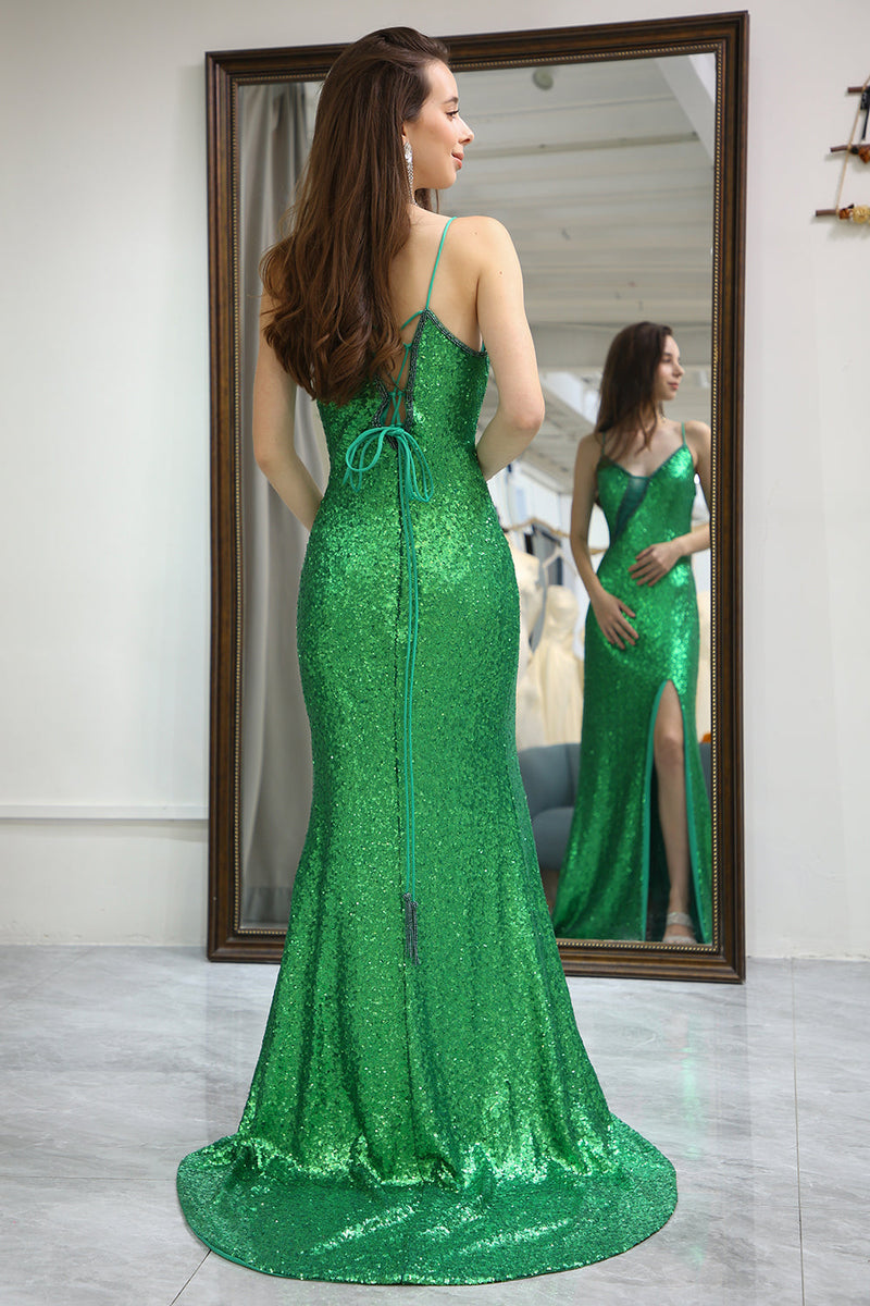 Load image into Gallery viewer, Sparkly Dark Green Mermaid Long Prom Dress With Slit