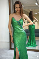 Load image into Gallery viewer, Sparkly Dark Green Mermaid Long Prom Dress With Slit