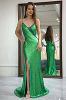 Load image into Gallery viewer, Sparkly Dark Green Mermaid Long Prom Dress With Slit