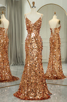 Load image into Gallery viewer, Glitter Golden Beaded Sequins Mermaid Long Prom Dress With Slit