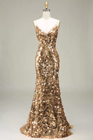 Load image into Gallery viewer, Sparkly Golden Mermaid Sequin Prom Dress With Slit