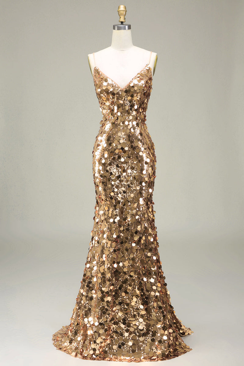 Load image into Gallery viewer, Sparkly Golden Mermaid Sequin Prom Dress With Slit