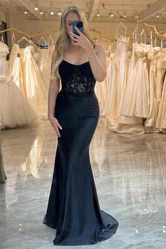 Black Mermaid Spaghetti Straps Long Corset Prom Dress
