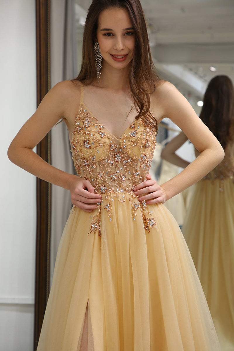 Load image into Gallery viewer, Golden A Line Long Corset Prom Dress With Appliques