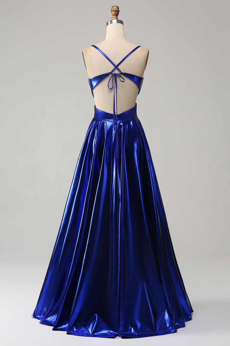 Load image into Gallery viewer, Royal Blue A-Line Spaghetti Straps Prom Dress with Slit