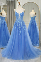 Load image into Gallery viewer, Blue A Line Tulle Long Prom Dress With Appliques