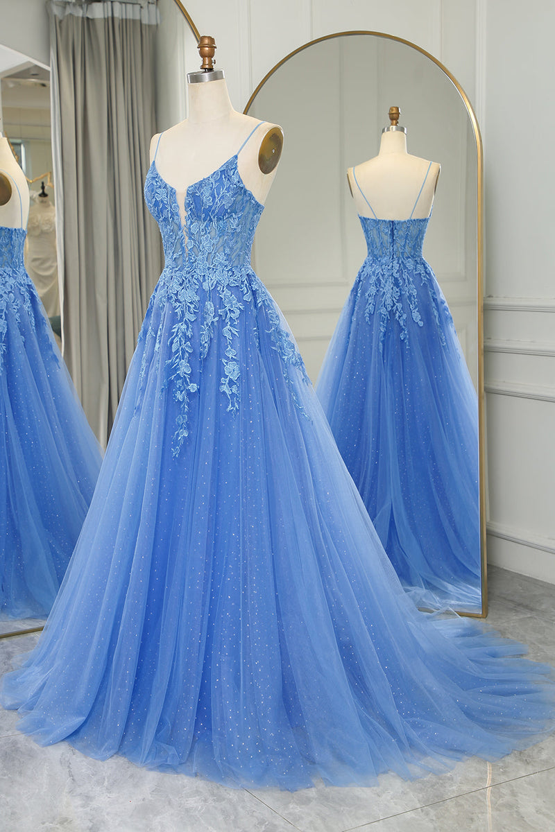 Load image into Gallery viewer, Blue A Line Tulle Long Prom Dress With Appliques